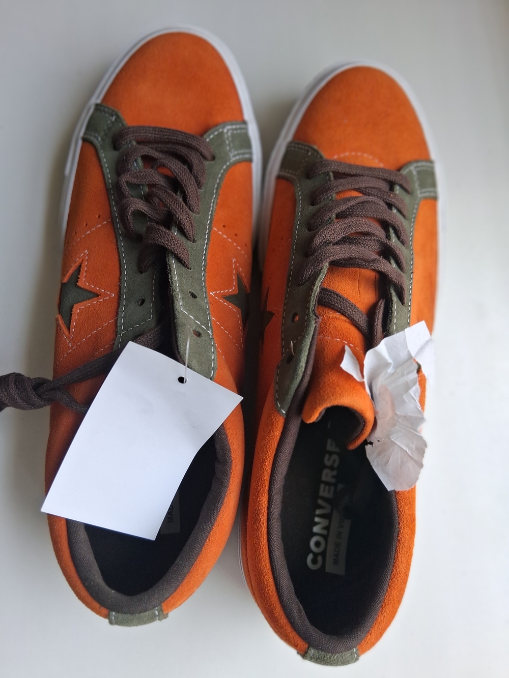 Converse Orange and Olive Green Low-Top Boat Shoes with Brown Laces